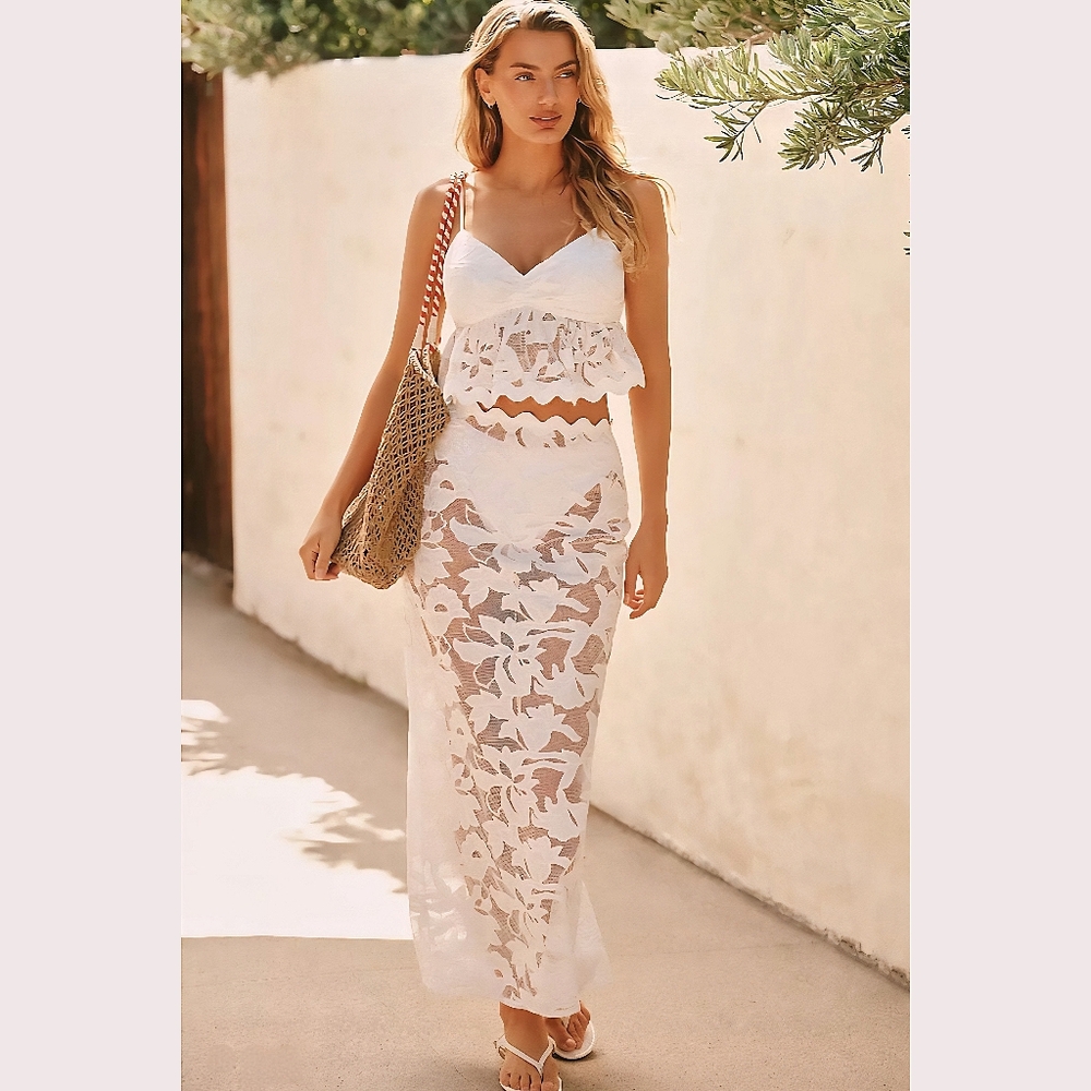 Anthropoligie BLITHE Scallop Sheer Maxi Skirt White Lace NWT NEW